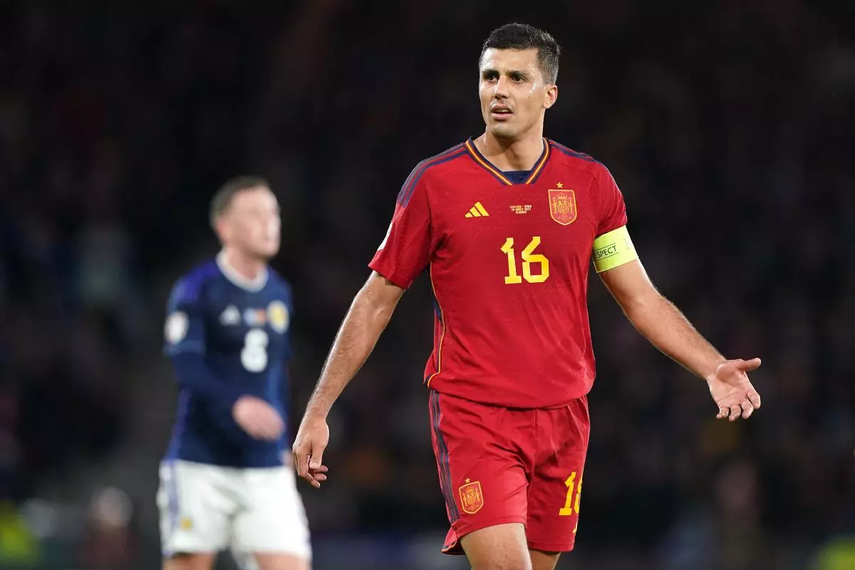 Spain's Rodri appeals to an official during the UEFA Euro 2024 qualifying group A match at Hampden Park - March 2023