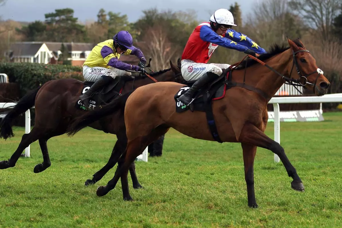 Tahmuras ridden by jockey Harry Cobden on their way to winning the Tolworth Novices' Hurdle