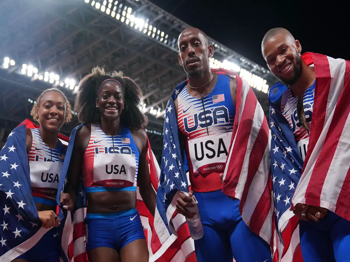 USA's 4x400 metres team after winning bronze during the Mixed Relay at Olympic Stadium on the eighth day of the Tokyo 2020 Olympic Games
