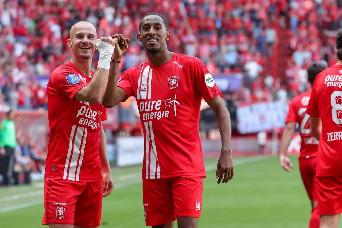 Vaclav Cerny and Joshua Brenet celebrate an Eredivisie goal, June 4 2023
