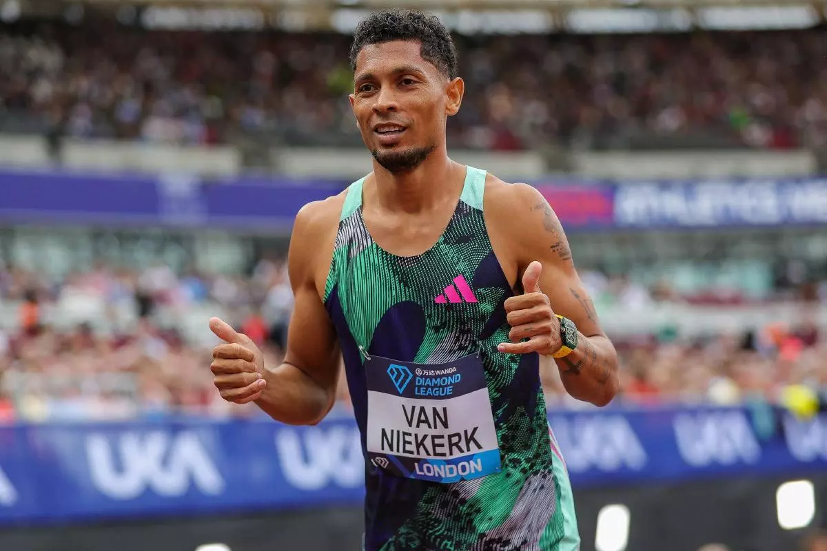 Wayde van Niekerk of South Africa celebrates after the Men's 400m during the London Athletics Meet - July 2023