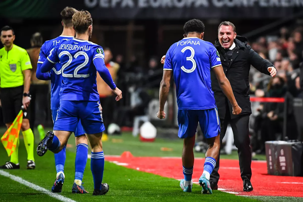 Wesley FOFANA of Leicester City celebrate his goal with teammates and Brendan RODGERS of Leicester City during the UEFA Conference League