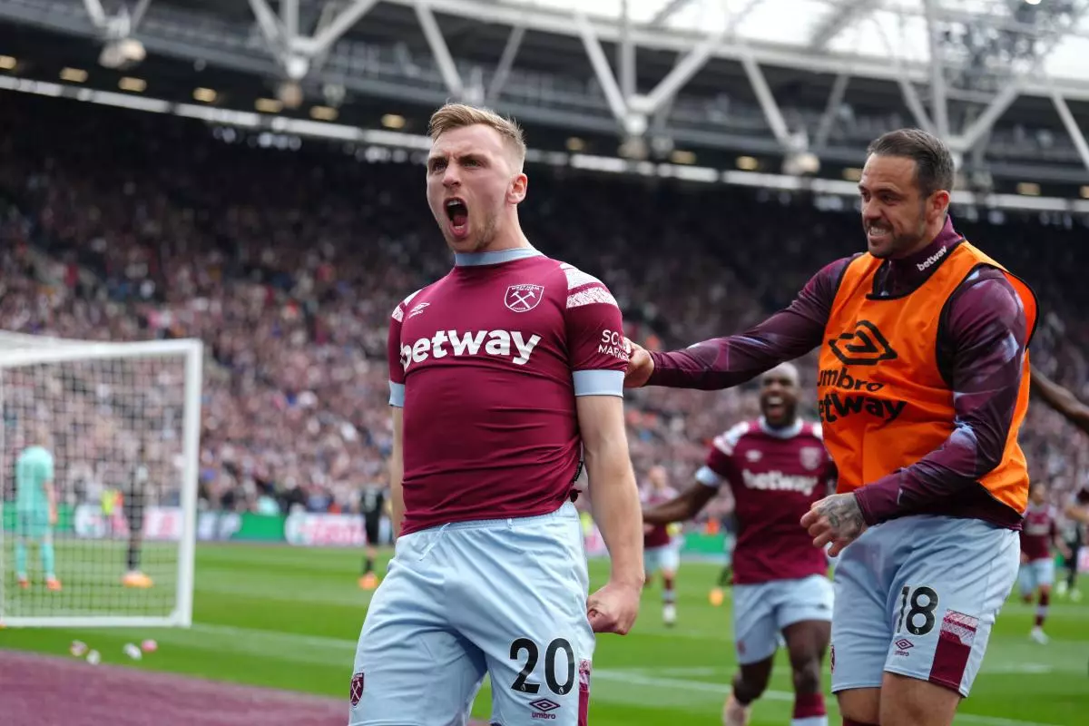 West Ham United's Jarrod Bowen celebrates scoring their side's second goal in the draw with Arsenal
