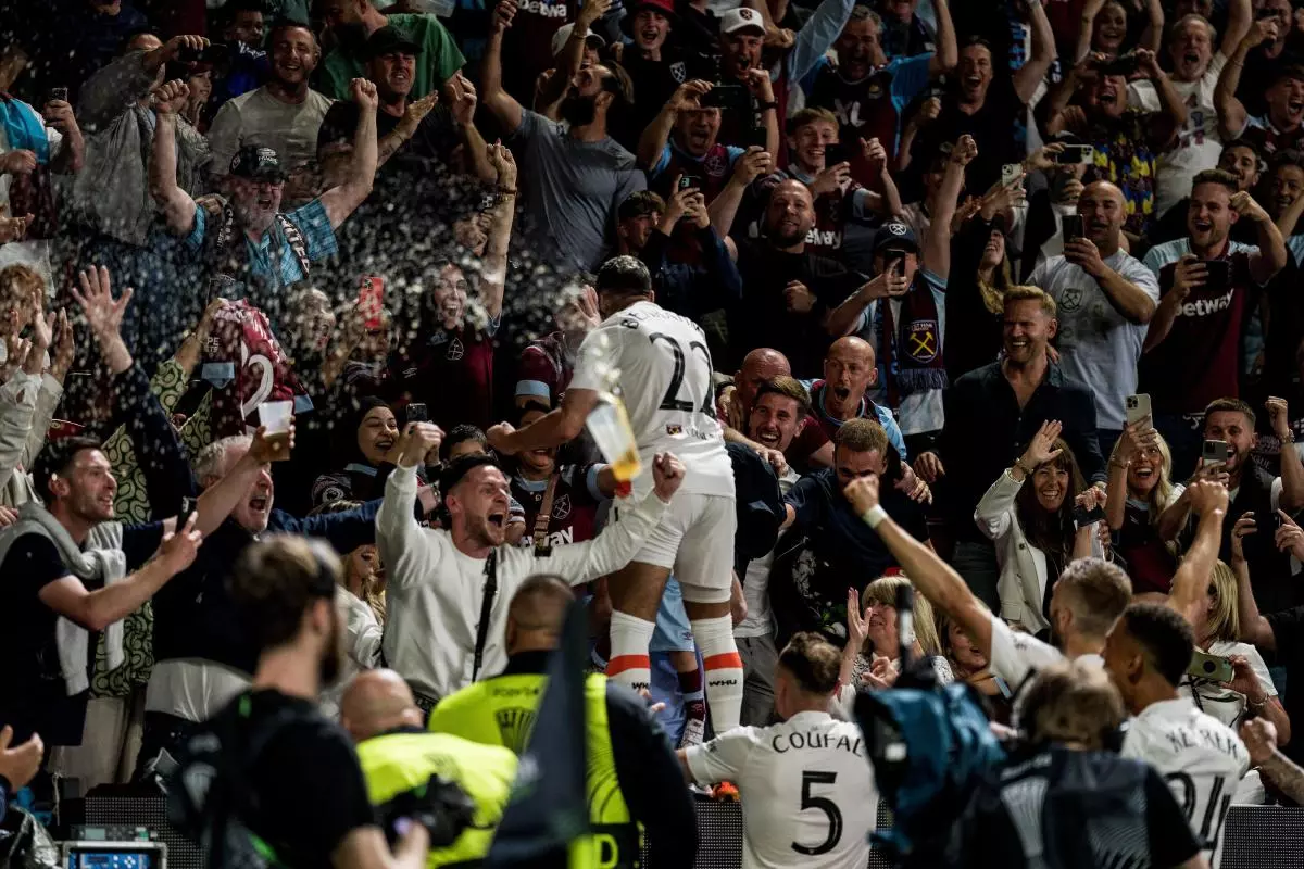 West Ham winger Said Benrahma celebrates with the fans after scoring - June 2023
