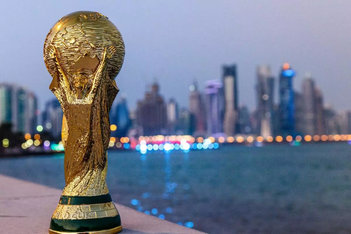 World Cup trophy Doha Qatar skyline