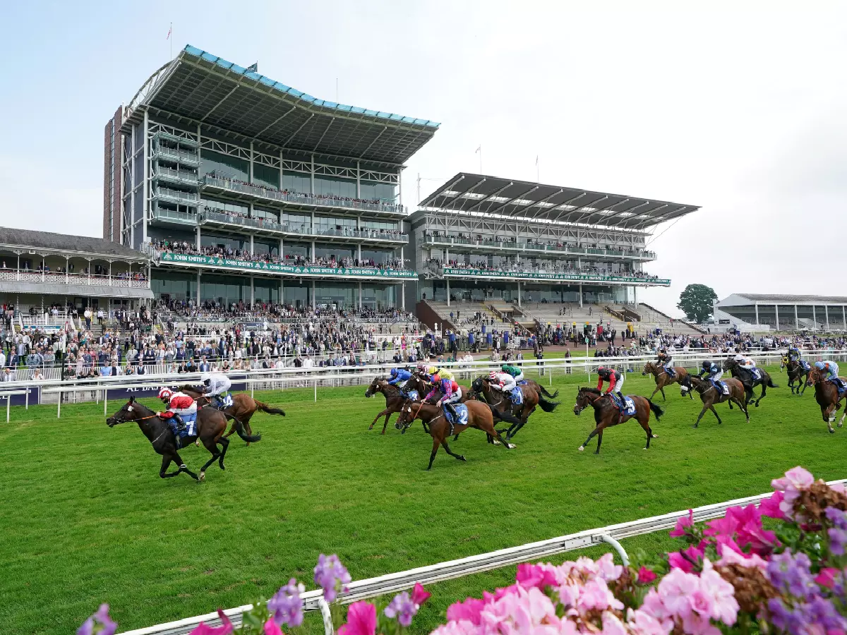 A view of the main grandstands at York racecourse during the John Smith's Racing Handicap, July 10, 2021