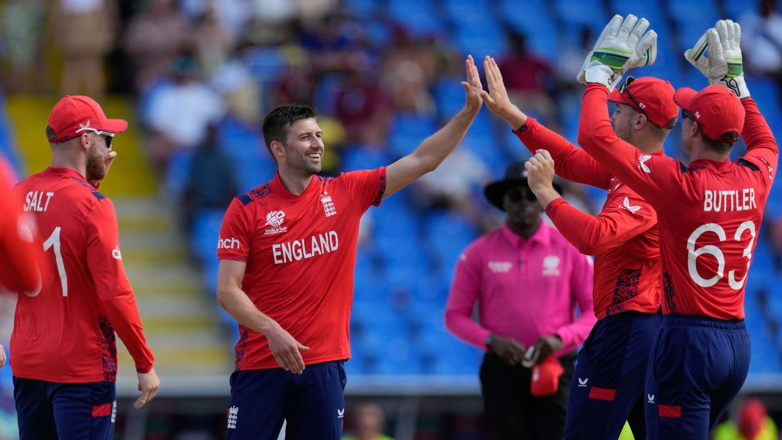 Mark Wood celebrates wicket against Oman T20 World Cup June 13, 2024