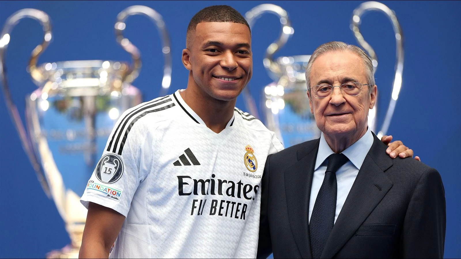 Real Madrid president Florentino Perez and new Real Madrid player Kylian Mbappe