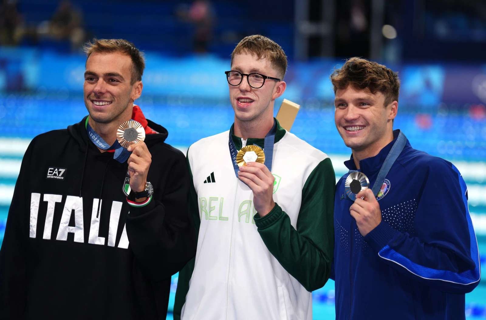 Daniel Wiffen, Bobby Finke and Gregorio Paltrinieri at the 2024 Paris Olympics