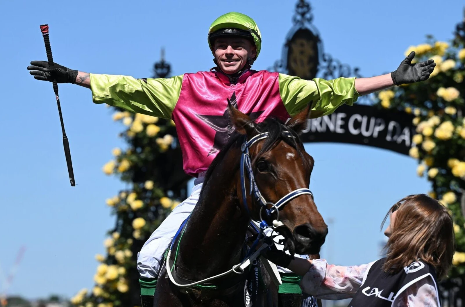Robbie Dolan celebrates after riding Knight's Choice to victory in the the 2024 Melbourne Cup