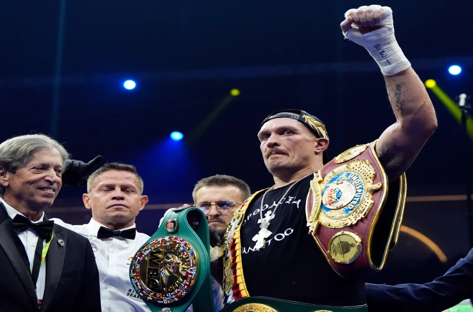 Oleksandr Usyk after retaining his WBA, WBC, WBO, IBO World Heavyweight championship belts against Tyson Fury in their rematch