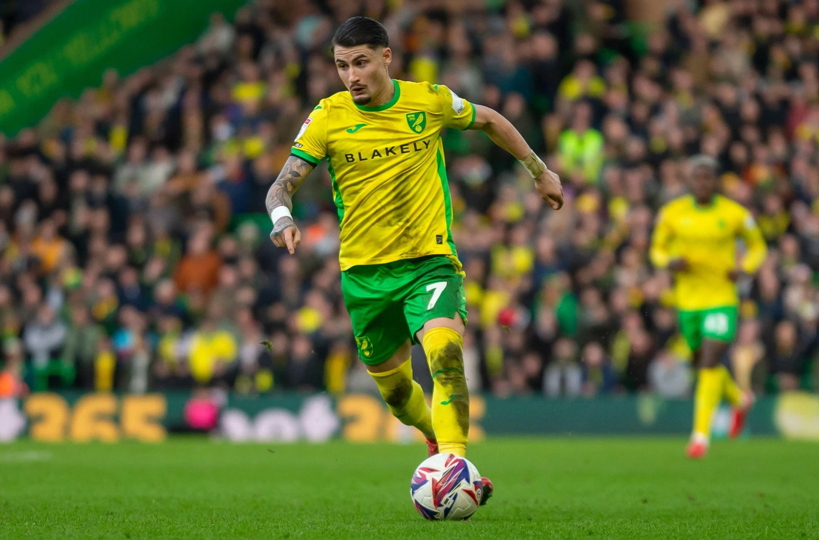 Borja Sainz playing for Norwich City at Carrow Road