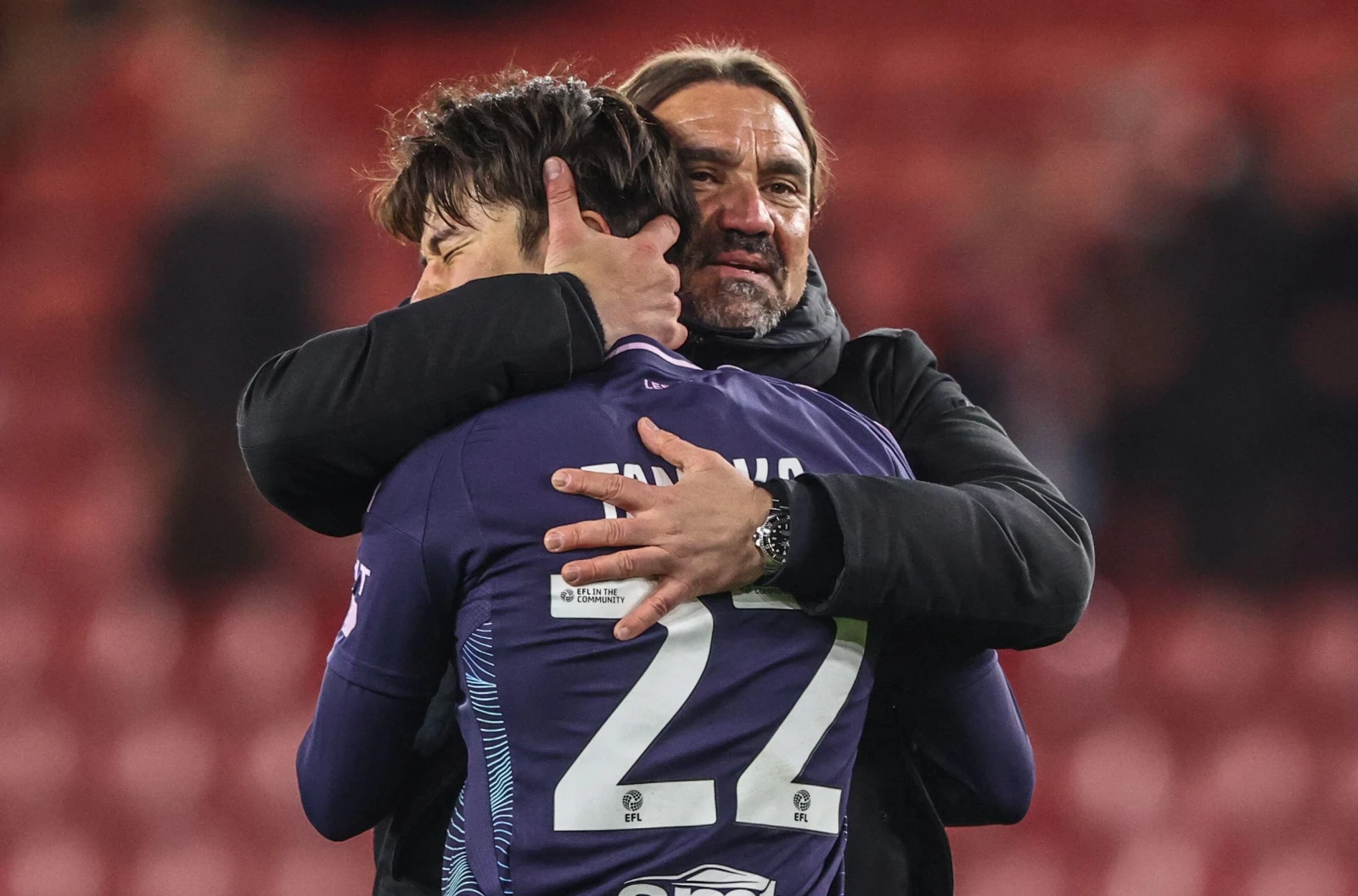 Daniel Farke manager of Leeds United embraces Ao Tanaka