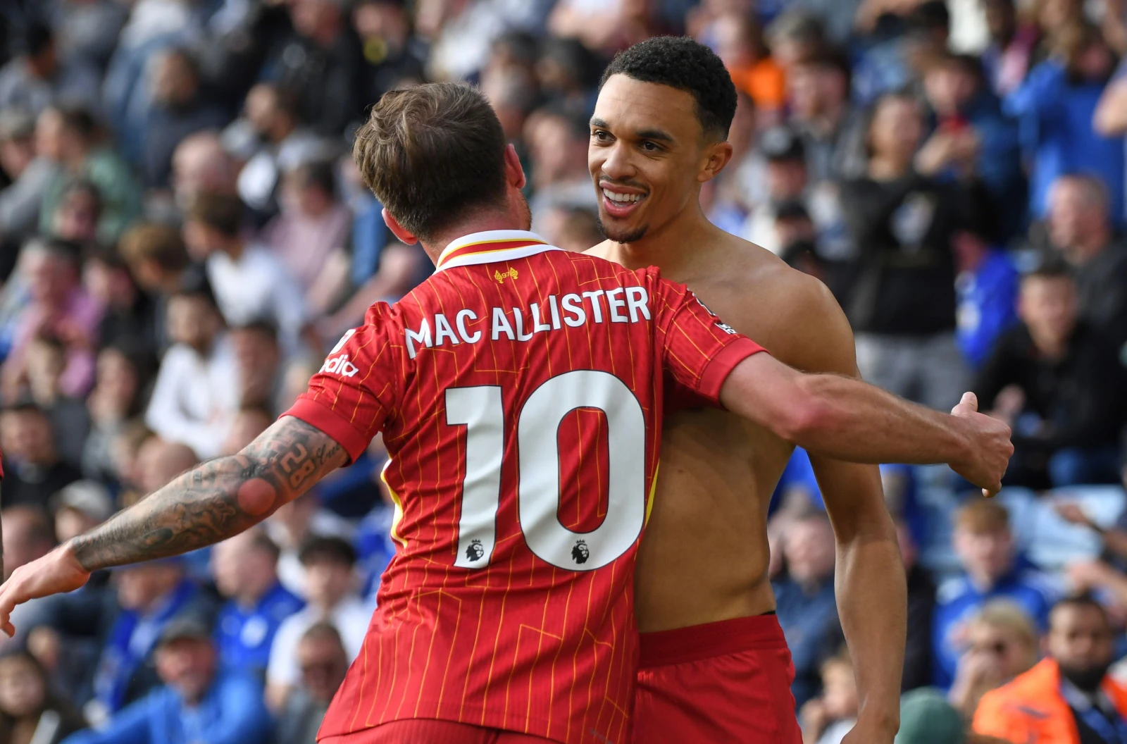 Liverpool's Trent Alexander-Arnold, celebrates with Alexis Mac Allister