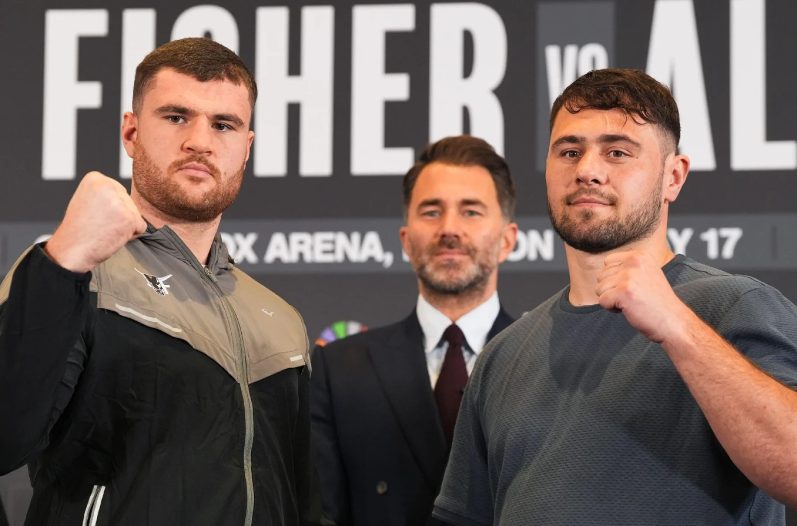 Johnny Fisher, promoter Eddie Hearn and Dave Allen during a press conference at Trinity House, London.