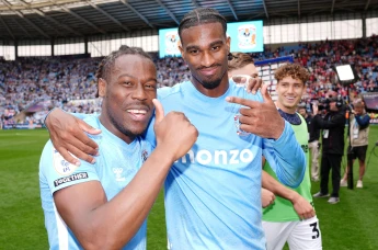 Coventry City's Haji Wright (centre) and Brandon Thomas-Asante (left) celebrate after the Sky Bet Championship match at the Coventry Building Society Arena