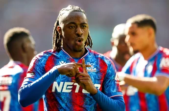 Eberechi Eze of Crystal Palace celebrates his goal to make it 1-0 during the Emirates FA Cup Final match at Wembley Stadium