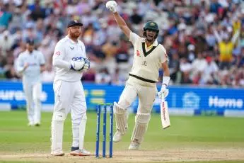 Australia's Pat Cummins celebrates hitting the winning runs on day five of the first Ashes test match at Edgbaston - June 2023