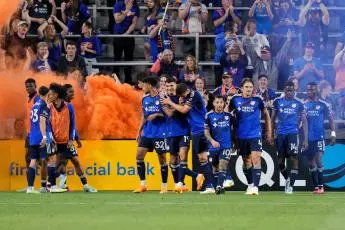FC Cincinnati forward Brandon Vázquez celebrates a goal for FC Cincinnati