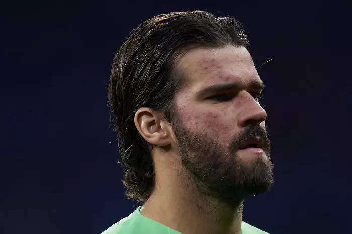 Alisson Becker of Liverpool during the UEFA Champions League round of 16 first leg match between Atletico Madrid and Liverpool FC at Wanda Metropolitano on February 18, 2020 in Madrid, Spain.