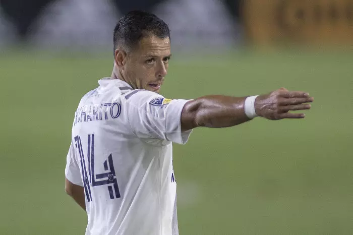 Javier Chicharito Hernandez #14 of the LA Galaxy gives instructions during their MLS game with the Colorado Rapids