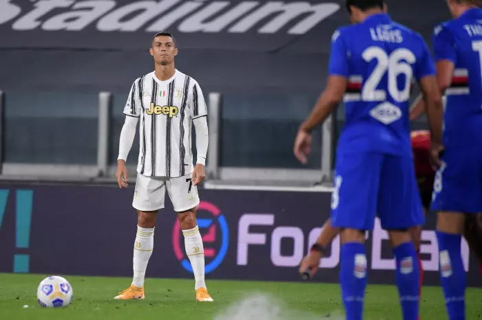 Cristiano Ronaldo lines up a free kick against Sampdoria in September 2020