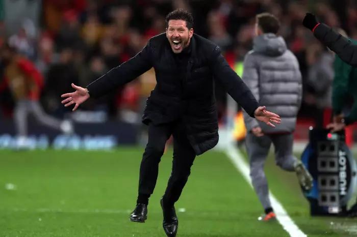 Diego Simeone celebrates an Atletico Madrid goal against Liverpool in the 2019/20 Champions League
