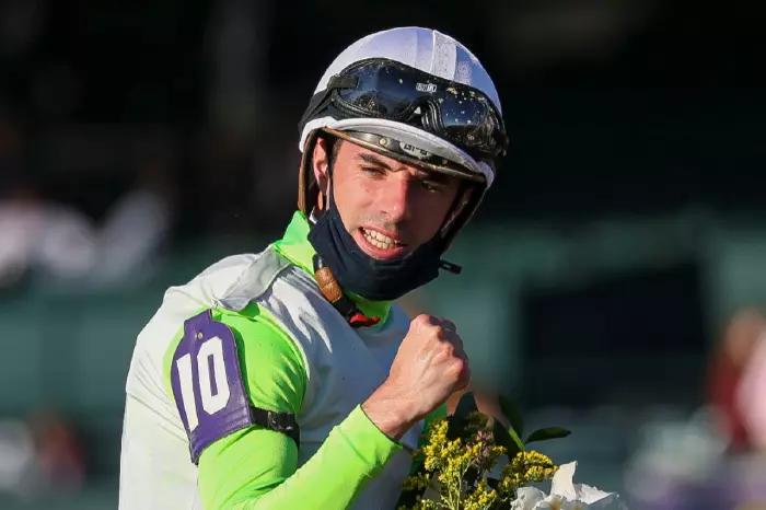 Jockey Florent Geroux celebrates after winning the Breeders' Cup Distaff race at the 37th Breeders Cup World Championship at Keeneland Race Track in Lexington, Kentucky. Credit Katie Stratman