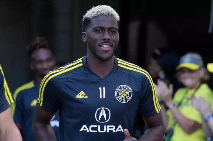Gyasi Zardes coming out for warmups prior to an MLS game between Columbus Crew and FC Cincinnati. Credit: Jason Mowry/Icon SMI via ZUMA Press