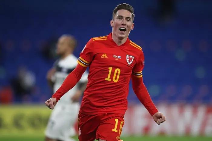 Wales' Harry Wilson celebrates scoring his side's first goal of the game during the UEFA Nations League match at Cardiff City Stadium.