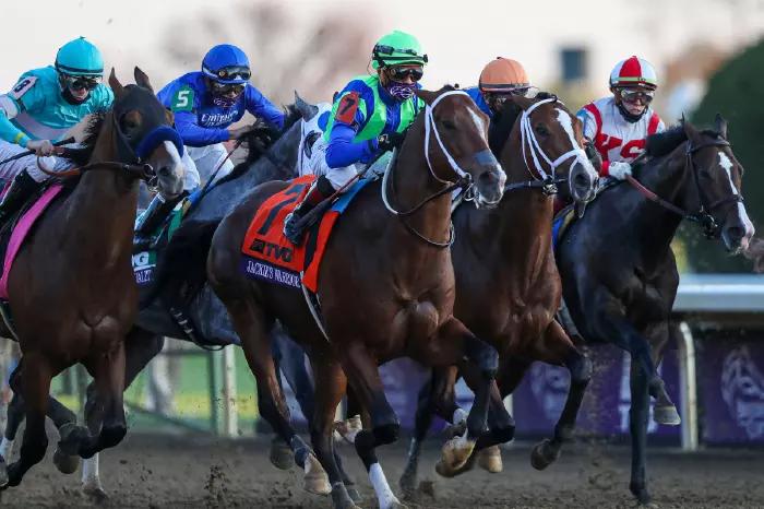 Jackie's Warrior just ahead in the Breeders' Cup Juvenile race during the 37th Breeders' Cup World Championship at Keeneland Race Track. Credit Katie Stratman-USA TODAY Sports/Sipa USA