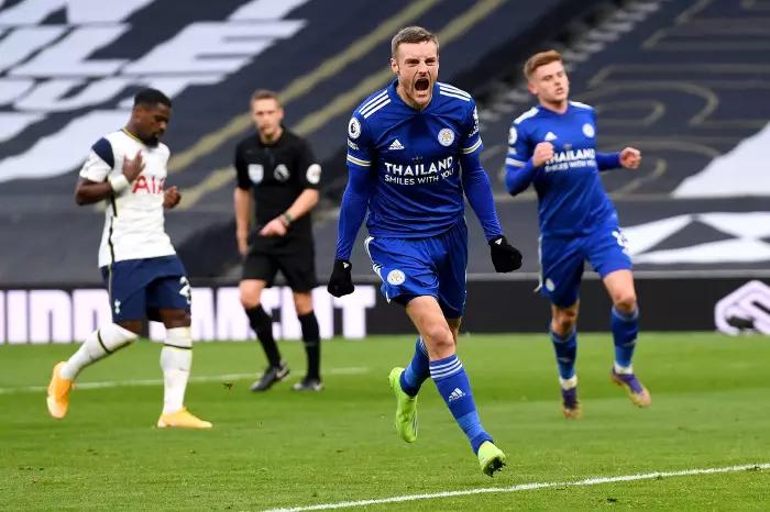 Jamie Vardy of Leicester City celebrates a goal at Tottenham Hotspur