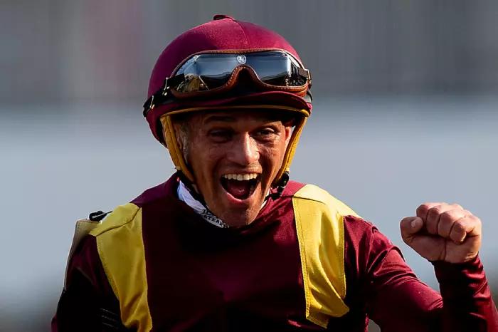 Jockey Javier Castellano celebrate winning the Dixie Stakes at Pimlico Racecourse in Baltimore, Maryland on 18th May 2019