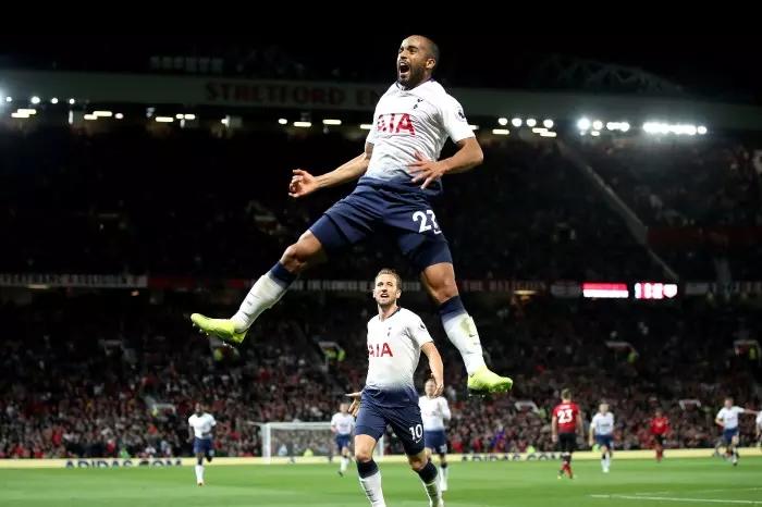 Lucas Moura celebrates a goal for Spurs against Manchester United at Old Trafford in 2018
