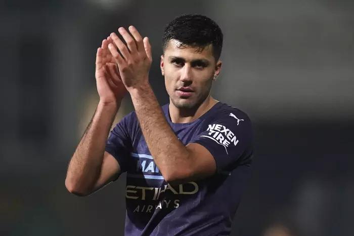Manchester City's Rodri applauds the fans after the Emirates FA Cup third round match at the Energy Check County Ground, Swindon. Picture date: Friday January 7, 2022.