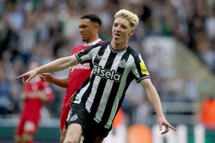Newcastle United's Anthony Gordon celebrates after scoring his sides first goal during the Premier League match at St. James' Park - Aug 2023
