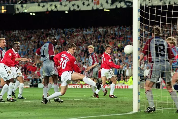 Ole Gunnar Solskjaer scores the winning goal in the 1999 Champions League final against Bayern Munich