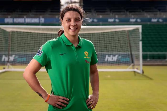 Matildas captain Sam Kerr poses for a photograph before a press conference at HBF Park in Perth, Friday, June 26, 2020. Australia and New Zealand will co-host the Women's World Cup in 2023. (