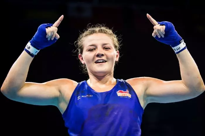 England's Sandy Ryan celebrates her win over Wales' Rosie Eccles during the Woman's Welter (64-69kg) final at Oxenford Studios during day ten of the 2018 Commonwealth Games in the Gold Coast,