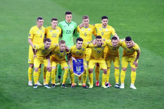 Players of the national team of Ukraine pose for a picture before the FIFA World Cup 2022 Qualifying Round Matchday 3 Group D fixture against Kazakhstan at the NSC Olimpiyskyi, Kyiv