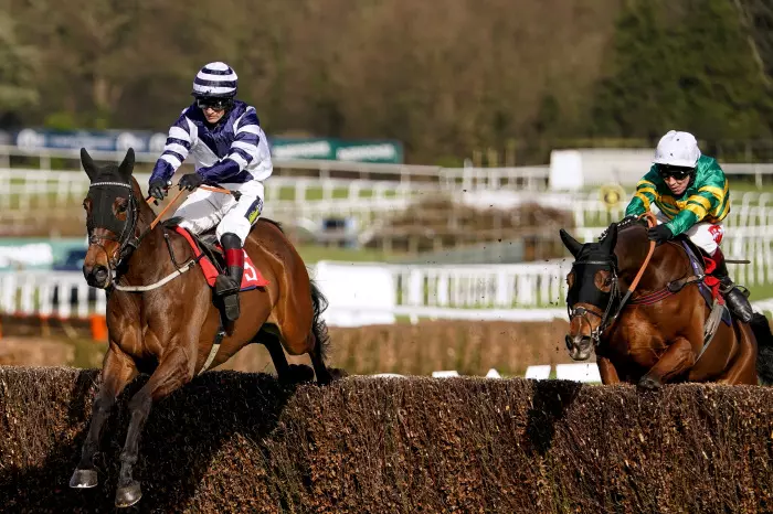Grey Diamond and Sam Twiston-Davies leading on the way to victory in the Paddy's Rewards Club Novices' Limited Handicap Chase at Sandown