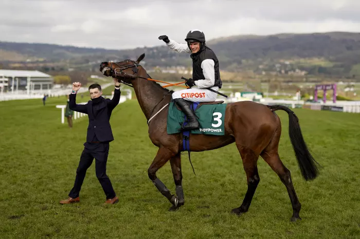 Jonathan Moore (left) with Flooring Porter after winning at Cheltenham
