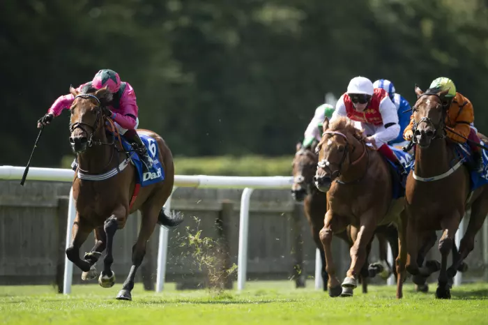 Oxted, ridden by Cieren Fallon, (left) winning the Darley July Cup Stakes at Newmarket Racecourse