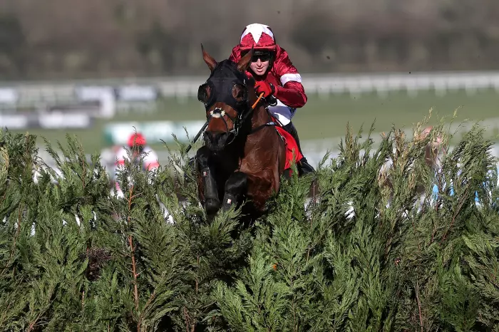 Tiger Roll and jockey Keith Donoghue clear a fence on the way to winning the Glenfarclas Chase
