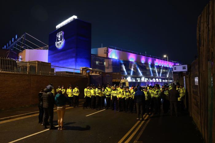 A large police presence outside the stadium as Everton fans protest against club board