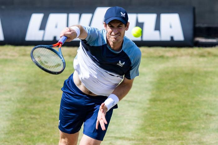 Andy Murray serves as he downs Stefanos Tsitsipas in Stuttgart