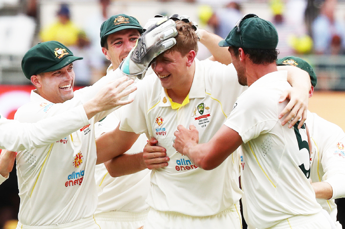 Australia's Cameron Green celebrates the wicket of England's Ollie Pope