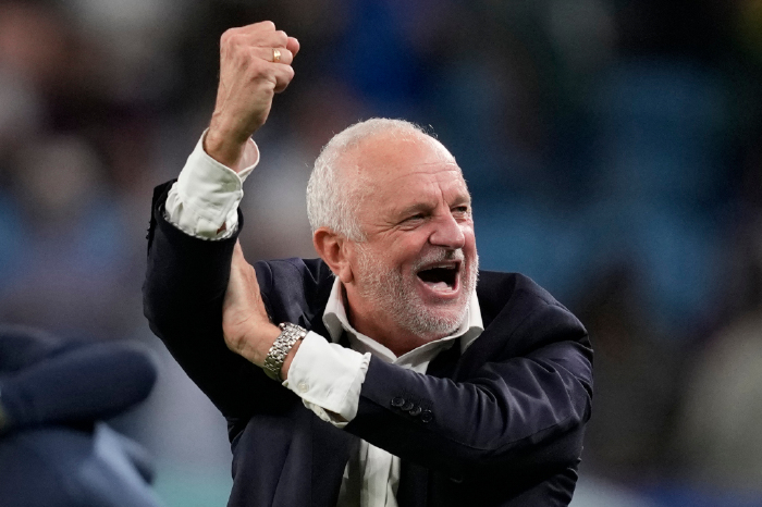 Australia coach Graham Arnold celebrates win vs Denmark World Cup November 2022