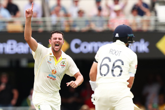 Josh Hazlewood dismisses Joe Root in the first Ashes Test