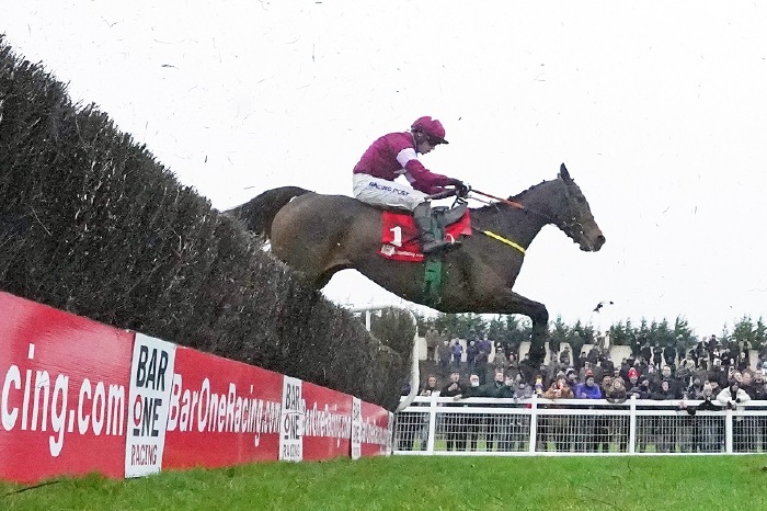 Beacon Edge and Denis O'Regan clear the last on the way to winning the Drinmore Novice Chase at Fairyhouse in November 2021